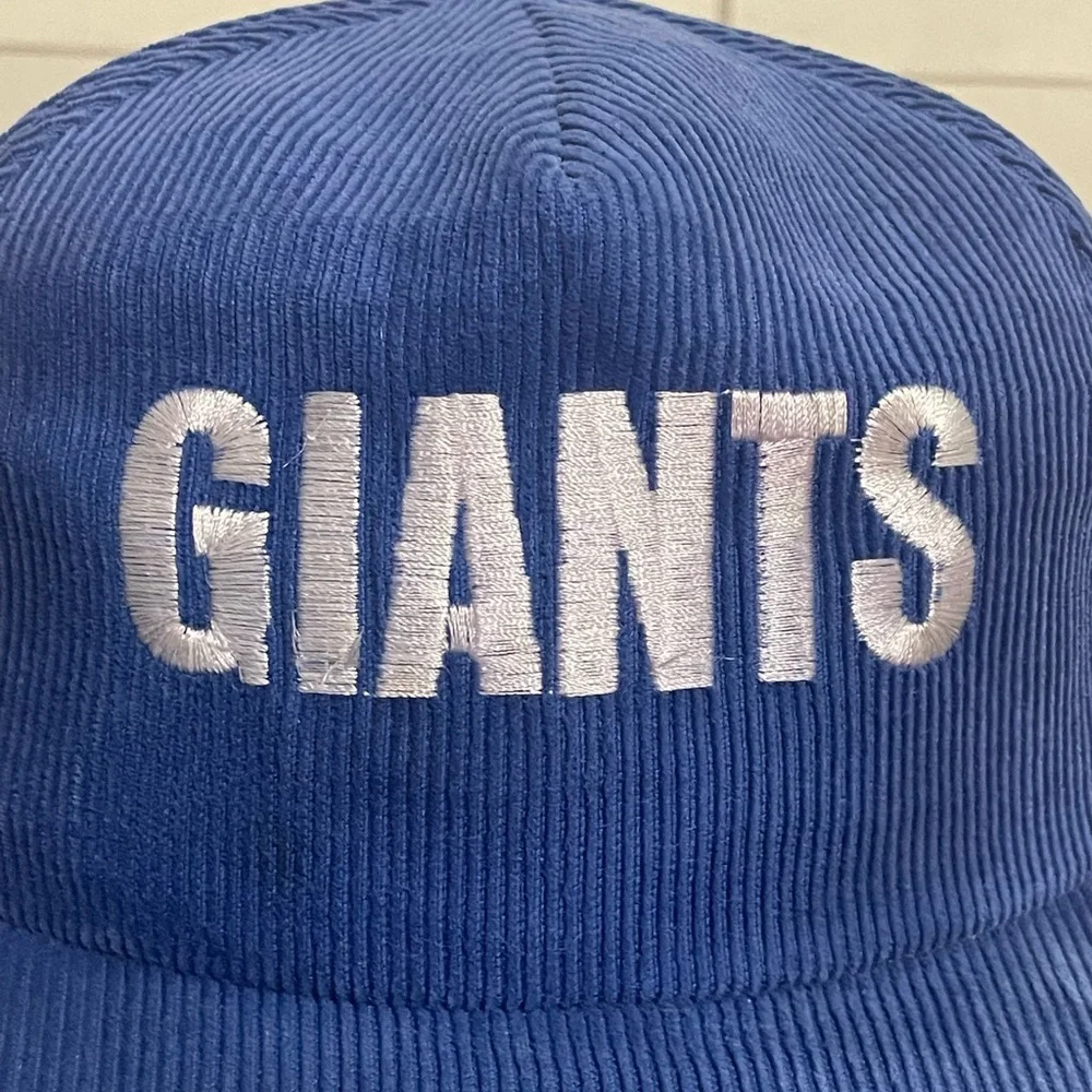 Vtg New York Giants Blue Courdoroy Spellout Script SnapBack Hat Cap